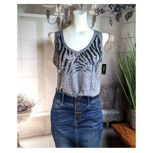 NEW Express One Eleven Easy Tank Top Womens XS Sequins Zebra V-Neck Gray NWT